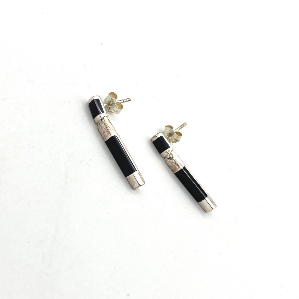 Sterling Silver Black Onyx Inlay Bar Drop Earrings Modernist Geometric 925